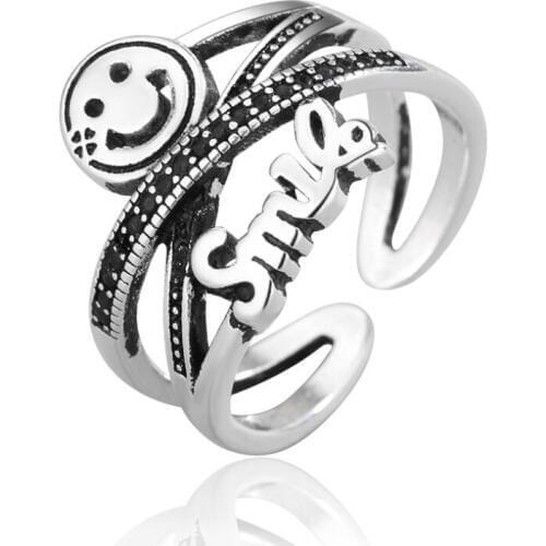 Multilayer Vintage Smiley Zircon Opening Rings For Women Girls 925 Thai silver Jewelry Party Gifts Wedding Rings SAR139