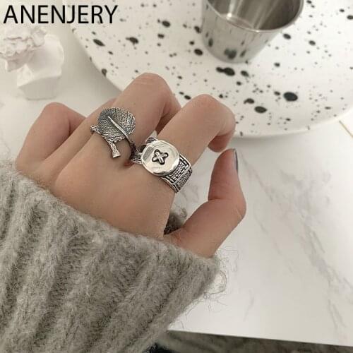 ANENJERY 925 Sterling Silver Leaves Button Knot Rings for Men Women Vintage Handmade Hip Hop Rings Gift S-R996