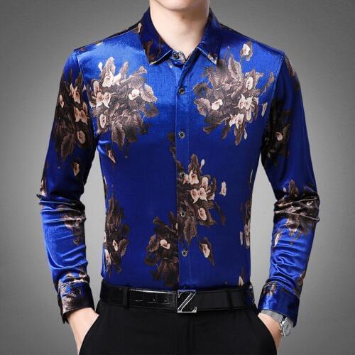 New Arrival Male Velvet Shirt Silk Dress Shirt Fashion Floral Printed Man Velvet Clothes Long Sleeve