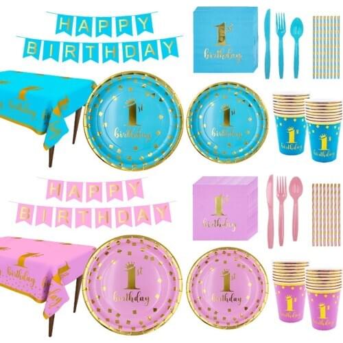 Baby 1st Birthday Disposable Tableware Balloon Pink Blue Cup Napkin First Birthday Party Table Decor Cute Baby Shower Supplies