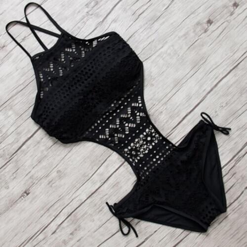 Sexy One Piece Swimsuit Backless Halter Beach Swimwear Crochet Bikini Bathing Suit 2020 Black Swimming Suit For Women