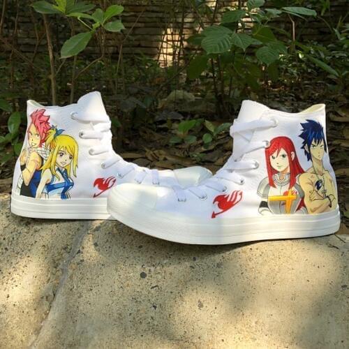 Wen Design Anime Hand Painted White Shoes Fairy Tail Natsu Lucy Erza Gray High Top Canvas Unisex Shoes Boy Girls Sneakers