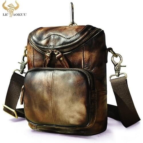 Vintage Coffee Quality Leather Male Multi-function Fanny Waist Belt Messenger bag Design Satchel Cross-body bag For Men 611-74