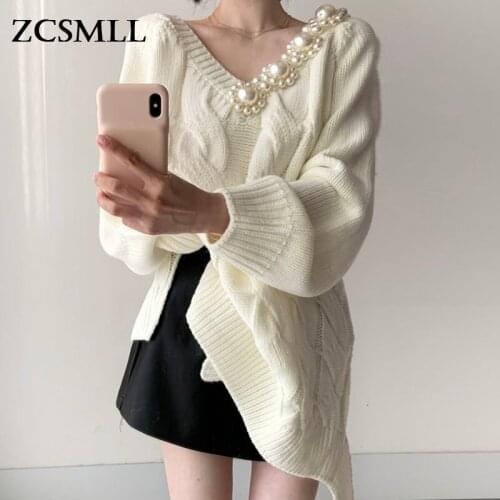 ZCSMLL V-neck Split Pearl Decoration Design Linen Pattern Mid-length Knitted Sweater Female Korean Chic Autumn Women Pullover