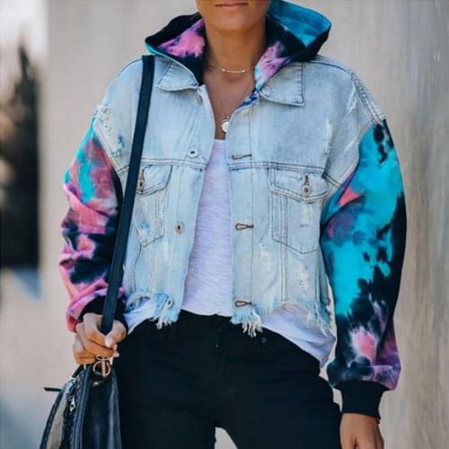 Women Fashion Long Sleeve Pockets Tie Dye Ripped Denim Jacket Streetwear Coat