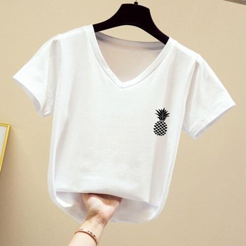2020 Hot Pineapple Solid Color T Shirt Women Slim Simple T-shirt for Women Harajuku Punk Short Sleeve Leisure V Collar Tops Tee