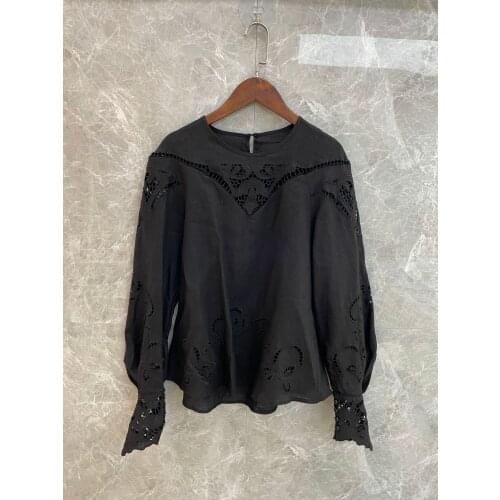 2021 Spring Summer High Quality Women Hollow Embroidery Loose Blouse Female Fashion Linen Long Sleeve Shirt Tops 2 Color Tutu