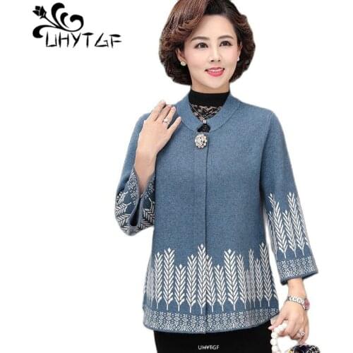 UHYTGF Mother Spring Autumn Sweater Coat 2021 Quality Knitted Cardigan For Women Single-Breasted Casual Female Short Jacket 2224