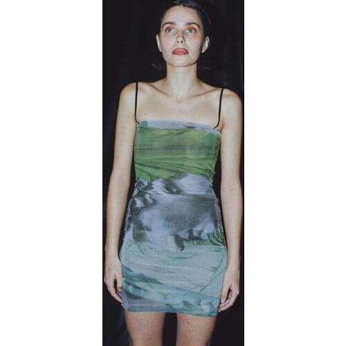 Sexy Slip Dress For Women Mesh Printing Summer Sleeveless Y2K Dress Spaghetti Strap Wrap Party Mini Bodycon Dresses Backless