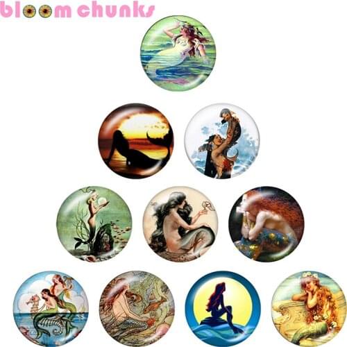 Mermaid girls 10pcs mixed 12mm/18mm/20mm/25mm Round photo glass cabochon demo flat back Making findings S4984
