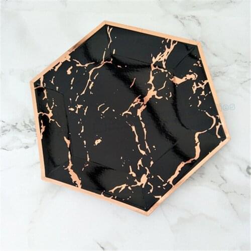 72pcs Black with Rose Foil Marble Paper Plate Elegant Modern Hexagon Large Dinner Tray Wedding Christmas New Year Party Supplies