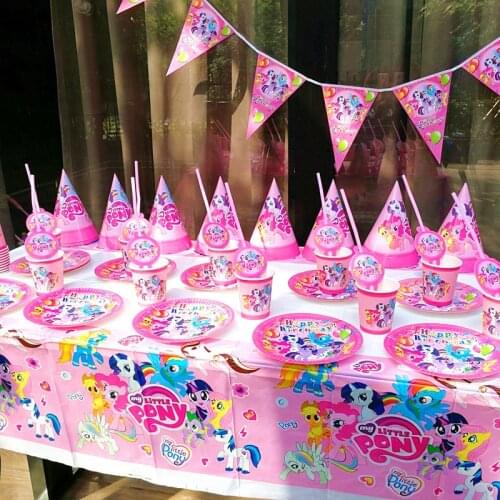 95pcs/125pcs Happy Birthday My Little Pony Kids Baby Shower Party Decoration Set Banner Tablecloth Straws Cup Plates Supplier