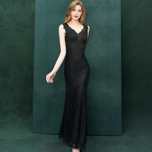 Black Lace Evening Dress Long Womens Dress Deep V Neck Elegant Straight Prom Dress Special Occasion Formal Female Dress