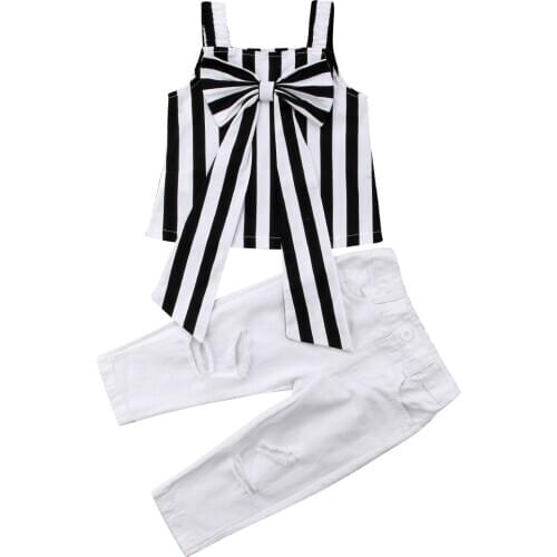 Emmababy Kids Baby Girl Striped Bow Outfit Shirt Tops+Long Pants Clothes 2PCS Size 3-7 T