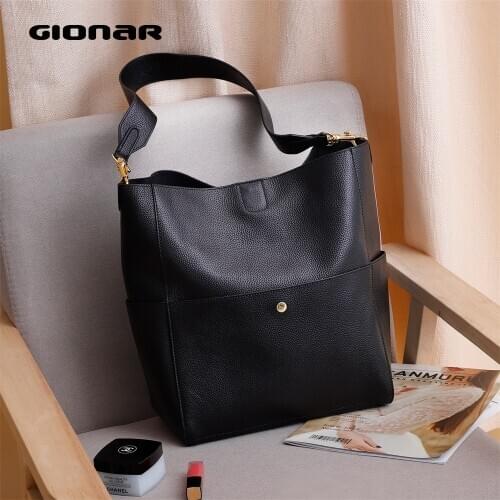 GIONAR Genuine Leather Bag Women Luxury Designer Purse Handbag RFID Crossbody Top-handle Shoulder Bucket Tote Black Brown Pink