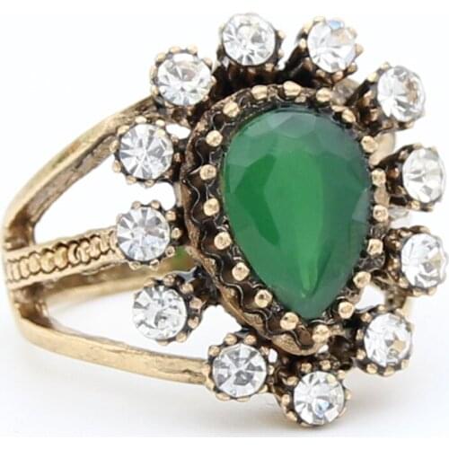 Exquisite Women Resin Water Drop Ring Antique Gold Color Hollow Broadside Flower Vintage Ring Arabia Bridal Wedding Jewelry