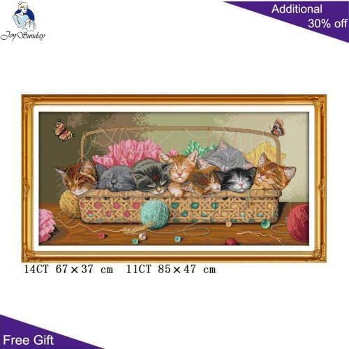 Joy Sunday Lovely Littele Cats in the Basket Cross Stitch D975 14CT 11CT Stamped and Counted Home Decoration Cross Stitch Kits