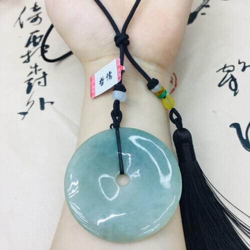 Natural Burmese Emerald jade carving donut pendant with hand-woven tassel necklace Elegant ladies sweater chain