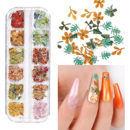 Autumn Maple Leaf Nail Sequins 12 Grid Mixed 240 Pieces Colorful Maple Leaf Nail Sticker 3D Colorful Nail Art Wood Pulp Sheet