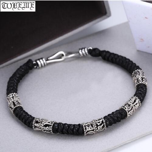 Handmade 925 Silver Tibetan Beads Bracelet Solid Silver Tibetan Six Words Proverb Beaded Bracelet Good Luck Braided Bracelet