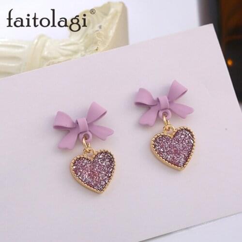 Romantic Bowknot Heart Earrings Love Heart Purple Stud Earrings For Women Shiny Korean Style Women Jewelry Earrings