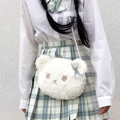 HOUZHOU Lolita Crossbody Bags Women Fluffy Pearl Shoulder Handbags White Soft Girl Kawaii Clutch Japanese Vintage Chain Anime