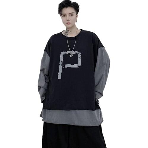 Hiphop Loose t shirt men Long sleeve Patchwork Black Grey color Spring Autumn