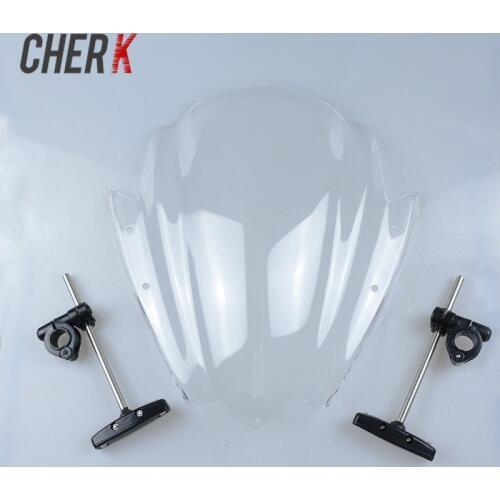 Cherk Universal Clear Motorcycle Street Bike Windshield Windscreen 7/8" & 1" Handlebar Mount For Harley Honda BMW Yamaha KTM
