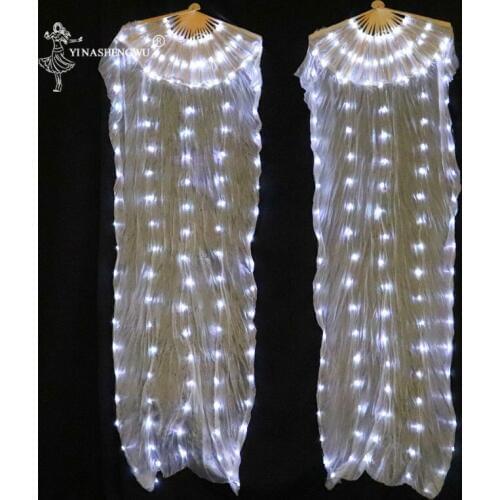 White Color LED Fan Bone More Led Belly Dance Performance Silk Fans Shining Rainbow LED Dance Fans 1 pc / 1 pair with Batteries