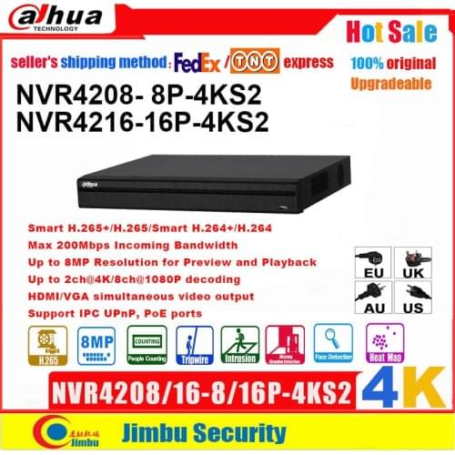 Dahua NVR 4K H.265 POE Video Recorder NVR4208-8P-4KS2 NVR4216-16P-4KS2 8 POE port 8CH 16CH Up to 8MP Resolution EASY4IP DVR