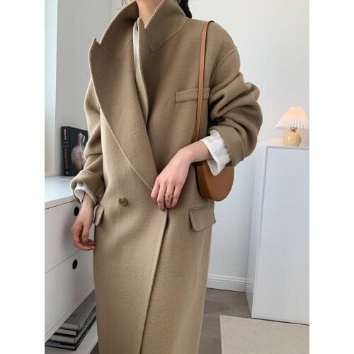 High-end mocha two-button suit collar mid-length double-sided woolen woolen coat coat female Korean version 21 new
