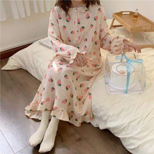 Pink Strawberry Print Autumn Nightgown Women O-Neck Ruffles Long Sleepwear Cotton Casual Homewear Soft Home Clothes 2021