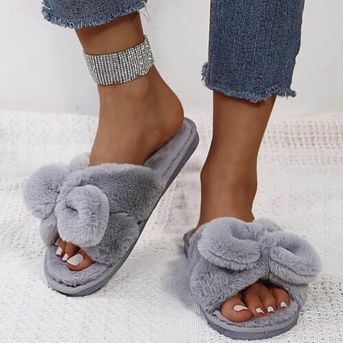 Women Home Slippers With Faux Fur Flat Shoes Winter Shoes Keep Warm Shoes For Woman Flats Bow Basic Slipper 36-41 Gray Pink BK