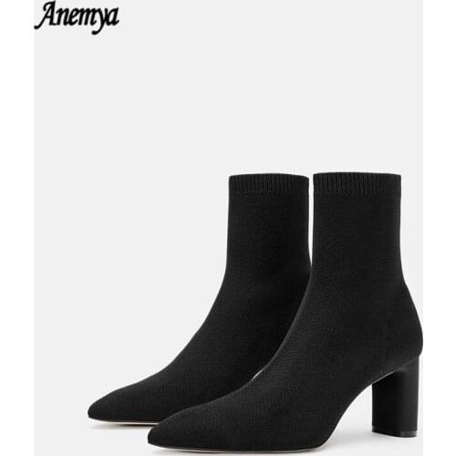 2021 Ankle Boots Chelsea Women Stretch Square Heel Bootie Elastic Band Design Boots Autumn Winter Ladies Shoes Black Handmade 41