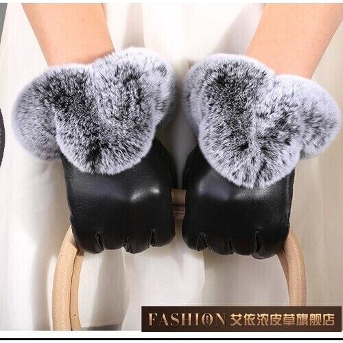 Womens genuine leather gloves rabbit fur sheepskin gloves tight short fluffy thin design rex rabbit hair repair black