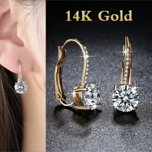 Womens Luxury Solid 14k Gold U Shape Micro Inlaid Four-claw Round Diamond Moissanite Crystal Drop Earrings