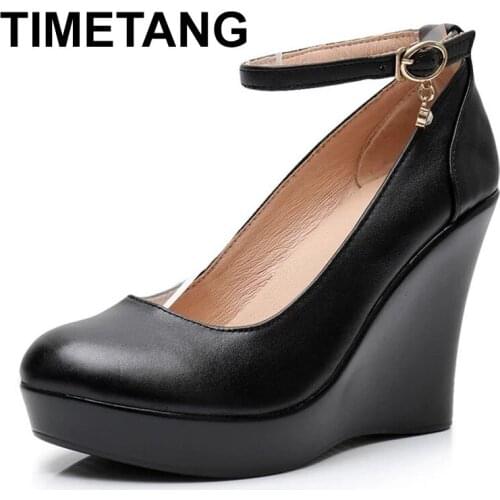 TIMETANGFashion Ankle Strap High Wedges Platform Pumps For Women Casual Genuine Leather Black Work Shoes High Heels