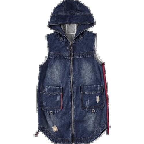 Women Denim Vest Plus Size 5XL 2021 Spring Autumn Korean Long Jeans Sleeveless Waistcoat Jacket Ripped Denim Hoody Vest Female