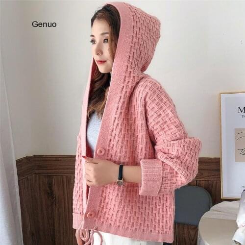 Loose Sweater Women Female Korean Style 2020 New Autumn Winter Wild Plaid Single-Breasted Hooded Knitted Cardigan Coat Harajuku
