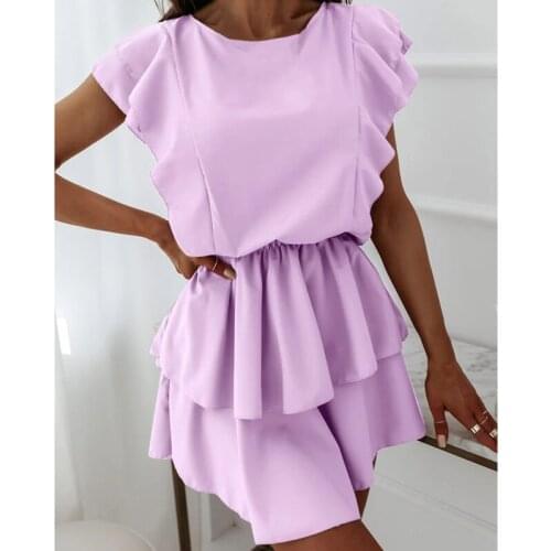 2021 Summer Double-Layer Dress Fashion Loose Ruffle Short-Sleeve Women Pure Color Elastic Waist A-Line Mini Dress Robes
