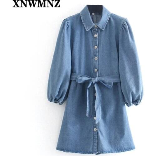 XNWMNZ denim shirt dress 2021 Za Women short Sleeve Turn Down Collar Button Denim mini Dress Chic with Belted Casual Dresses