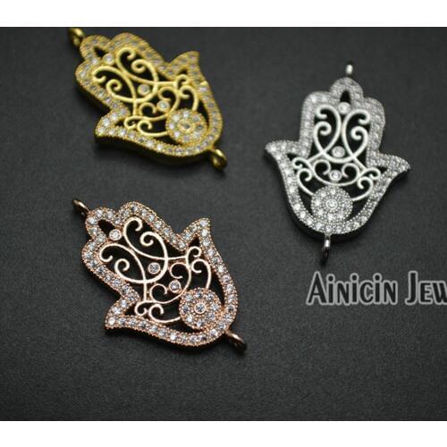 10pcs 17x25mm High Quality Zircon Cubic Stone Setting Hamsa Hand Shape Charms Fashion Jewelry Making Connectors