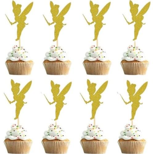 10pcs Sequin Gold Angel Elves Happy Birthday Cake Toppers Fairy for Girls Birthday Baby Shower Dessert Table Decorative Toppers