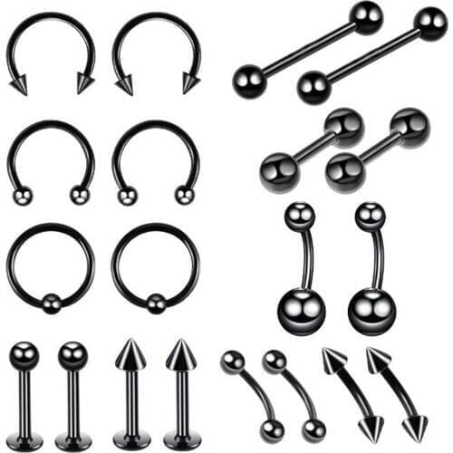 20pc/set Stainless Steel Body Piercing Jewelry Simple Punk Nose Rings Stud Lip Tongue Eyebrow Navel Belly Piercing Set Shellhard