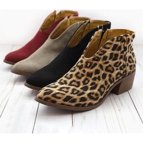 2020 Womens Ankle Boots Vintage Leopard Shoes Winter Autumn Zipper Pointed Toe Short Boots Sexy Ladies Shoes