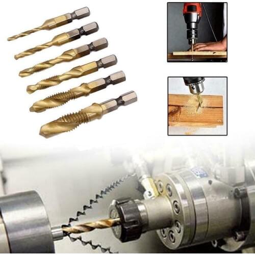 6pcs HSS Drill Bits Set M3-M10 Titanium Thread Cutter Hexagonal Shank Drills Set for Woodworking Cutting Polishing Tool
