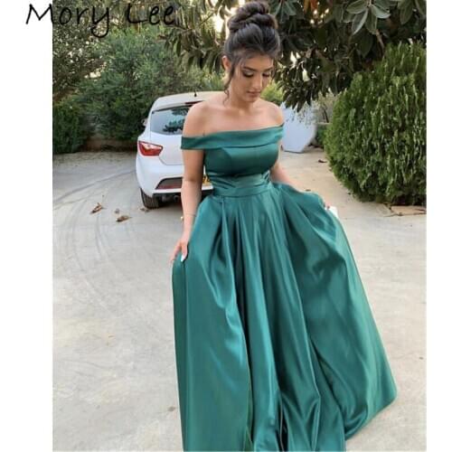 Evening Dresses Boat Neck Off The Shoulder A-Line Sweep Train Lace Up Back Satin Evening Dresses vestidos de fiesta de noche