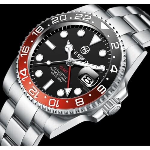 TESEN Men Watches 316L Stainless Steel 40MM Ceramic GMT Automatic Mechanical Watch Men 100m Waterproof Classic Fashion Luxury