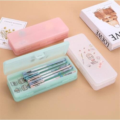 Double Deck Plastic Pencil Case Kawaii Double Transparent Frosted Pencils Box Multifunctional Storage Box Stationery Supplies