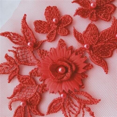 Delicate 3D Beaded Bridal Lace Applique In Red/Off White For Wedding Belt Bridal Headpiece Flower